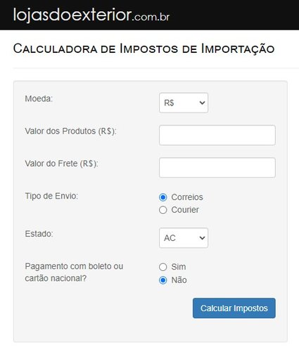 O site Lojas do Exterior explica as taxas que são aplicadas nas compras internacionais