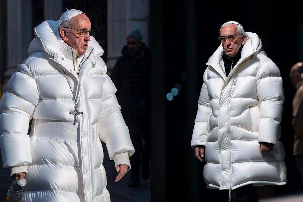 Papa usando casaco puffer longo em deepfake.