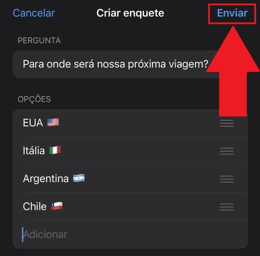 Aperte em "Enviar" para que a enquete seja postada no respectivo grupo ou comunidade do WhatsApp