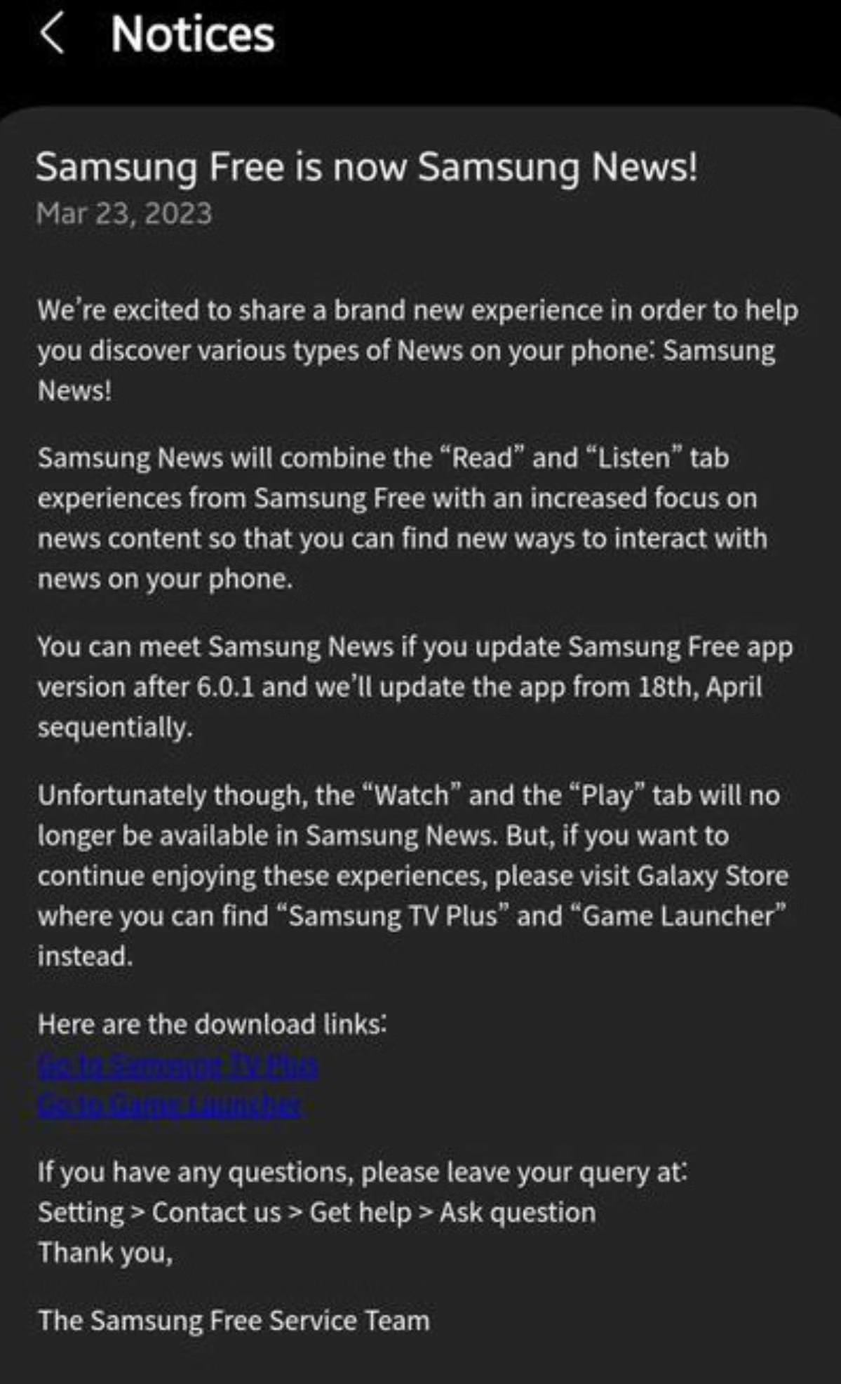Aviso oficial de mudança do Samsung Free.