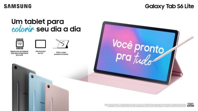 O novo Tab S6 Lite também tem alto-falantes duplos com Dolby Atmos e som AKG.