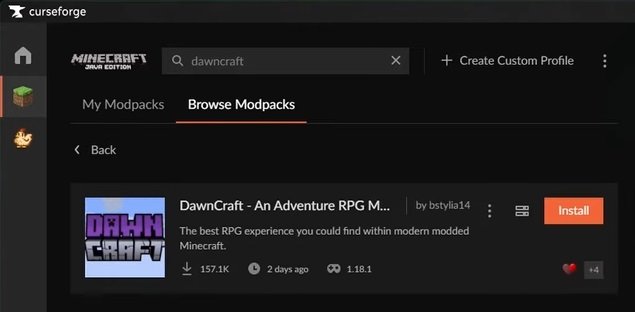 Faça a busca por DawnCraft na lupa no canto superior da tela do CurseForge, exatamente como mostrado na imagem