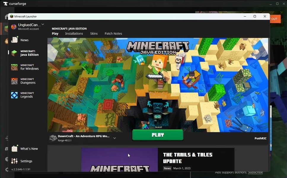 Se você fizer tudo certo, verá que ao abrir o Minecraft Java, a modificação DawnCraft será mostrada no canto inferior esquerdo da tela.