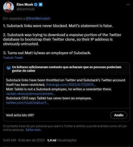 A postagem de Musk com acusações rebatidas pela própria comunidade.