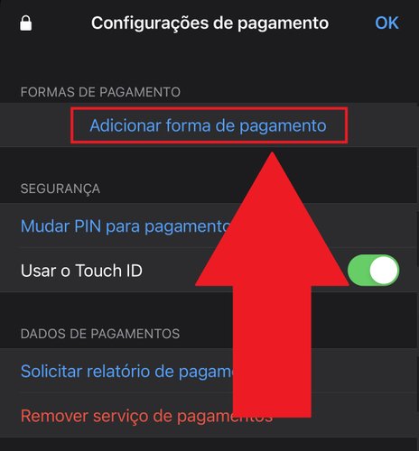 Aperte em "Adicionar forma de pagamento" para cadastrar o método