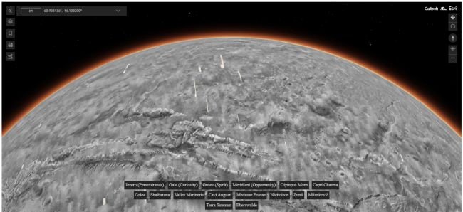 Explore diferentes pontos de Marte usando o novo mosaico 3D.