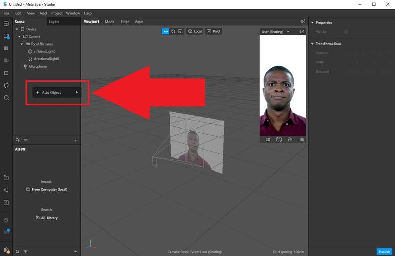 Tela principal do Spark AR Studio permite visualizar em tempo real como ficará seu filtro