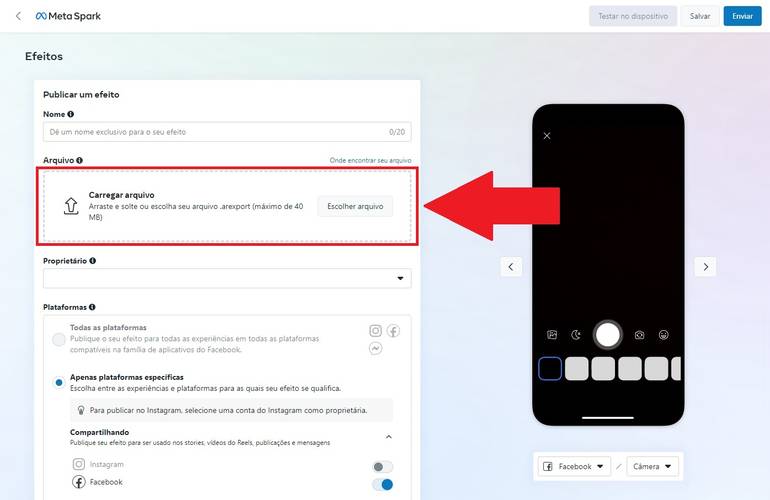 Clique na opção para fazer o upload do arquivo do filtro