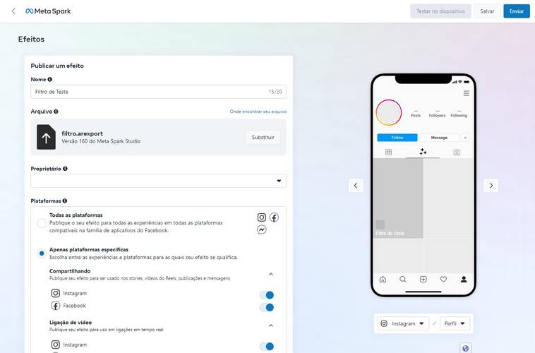 Também é possível visualizar como ficará o filtro no exemplo à direita da tea