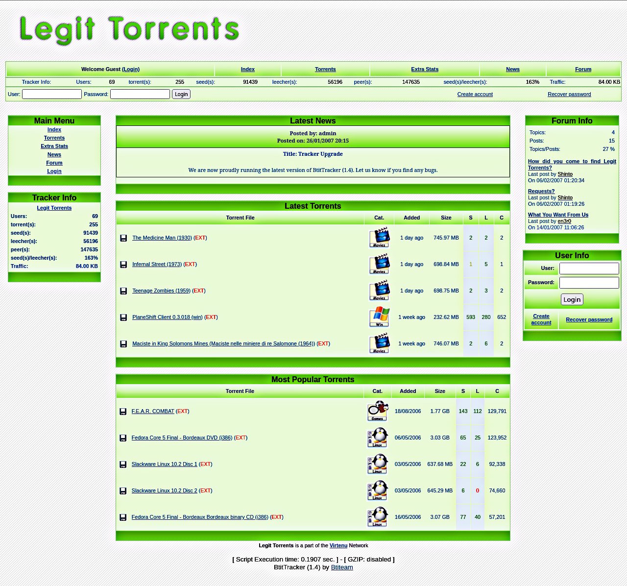 Script do site de compartilhamento BtiTeam, mostrando o Legit Torrents.
