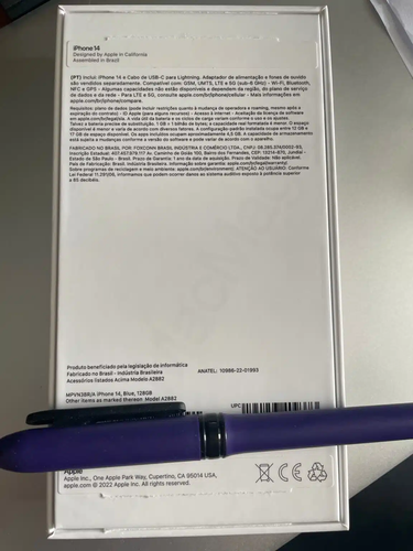Informações de fabricação do iPhone 14 "Assembled in Brazil".