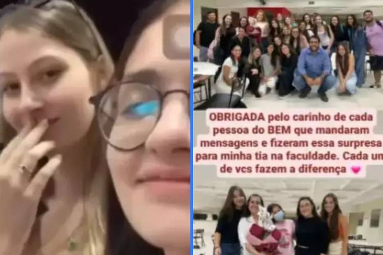 À esquerda, alunas que publicaram o vídeo. À direita, reação dos demais colegas da aluna 40+.