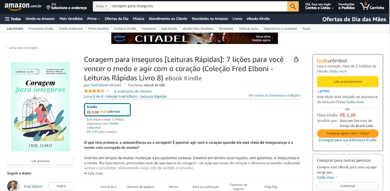 Na página do livro há opções de compra desde Capa Comum até Kindle Unlimited.