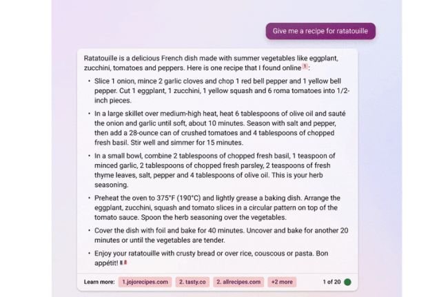 A IA do Bing passou a dar respostas mais precisas quando perguntada sobre receitas.