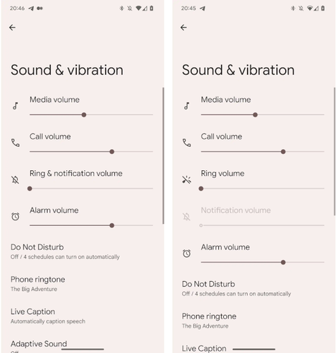 Versão à direita para desenvolvedor mostra controles separados de volume. (Fonte: 9to5google/Reprodução)