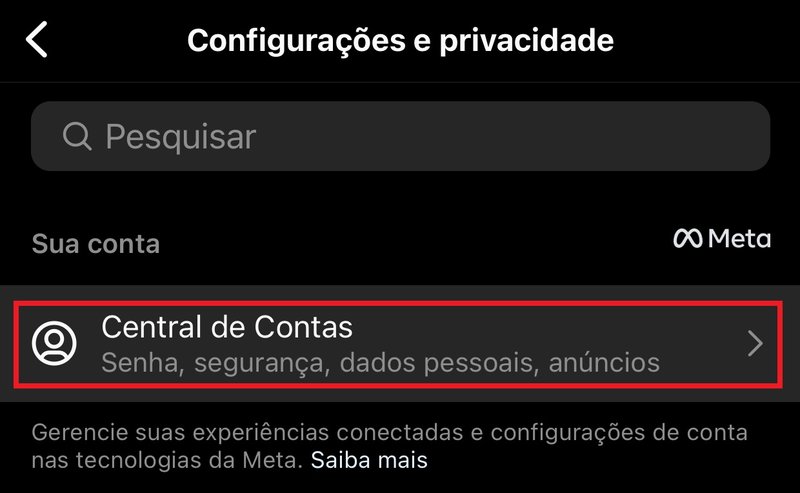 Em "Central de Contas" você pode escolher o perfil no qual deseja alterar a senha