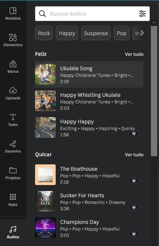 Caso você tenha o plano Pro do Canva, você pode usufruir de toda a biblioteca de áudios da plataforma