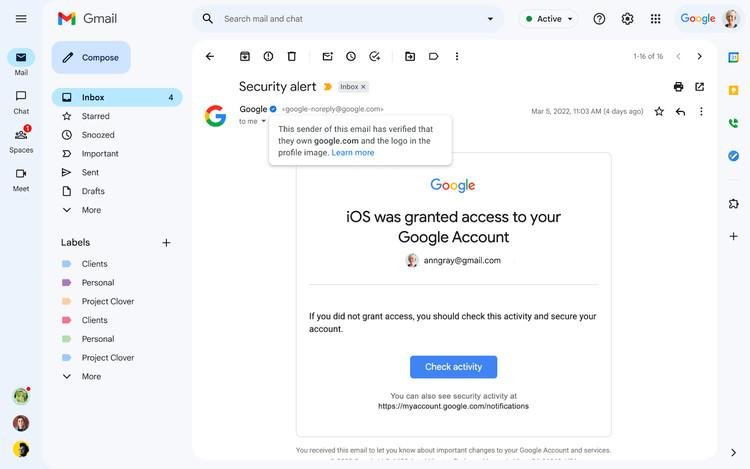 Além do selo azul, Gmail passou a exibir uma mensagem garantindo que o remetente é legítimo.