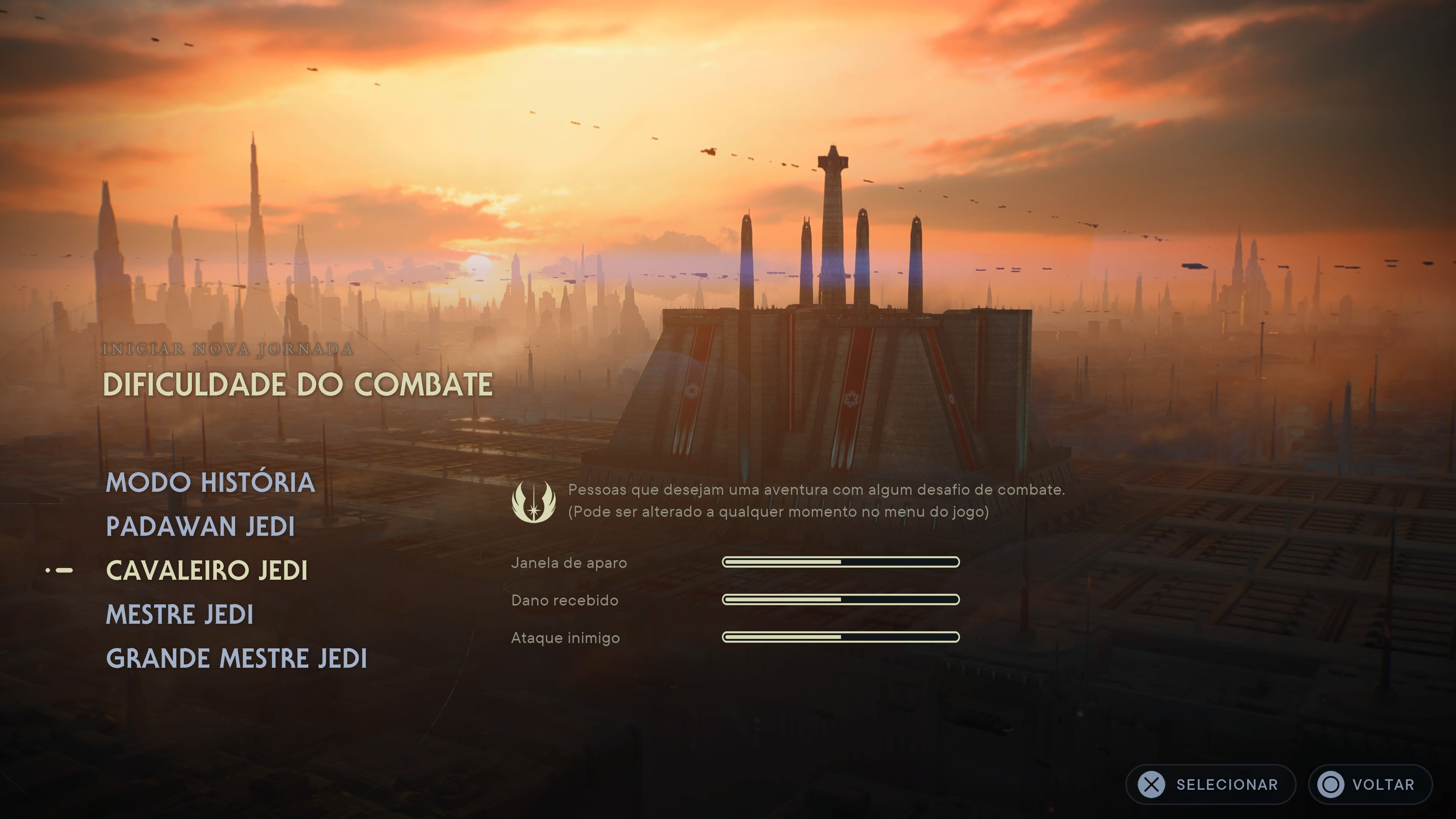 Descrição da Imagem: O menu do jogo com as opções de defeculdade listadas no canto inferior esquerdo.