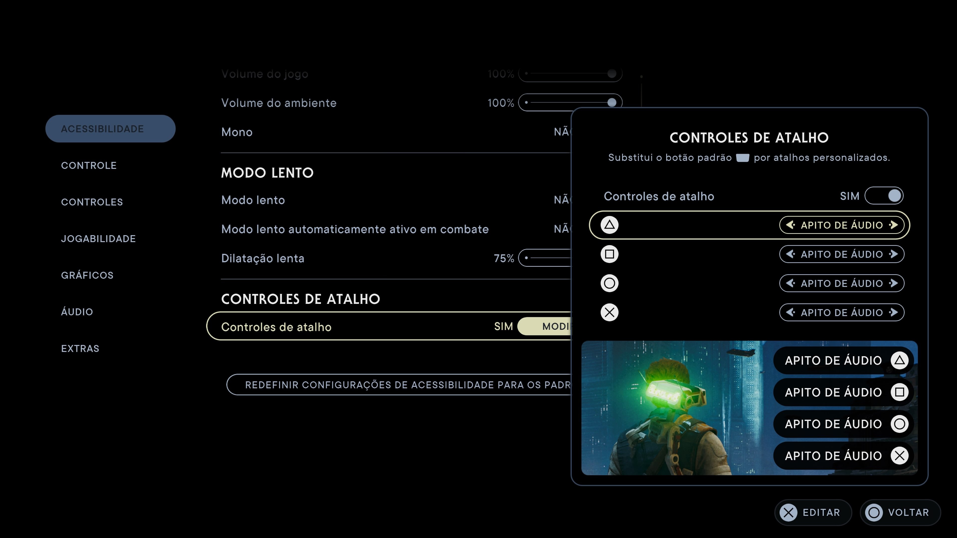 Descrição da Imagem: Menus de acessibilidade do jogo com a opção de botões de atalho selecionada.
