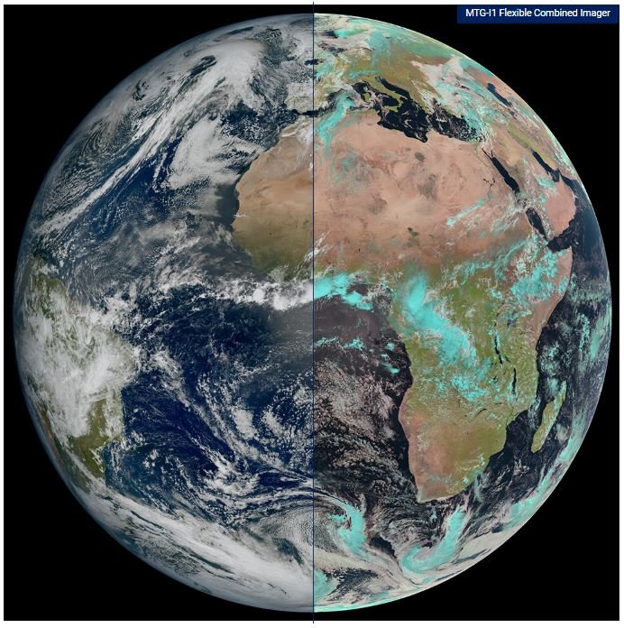 Na direita, é possível observar uma imagem de menor qualidade; o tom azulado nas nuvens é um problema de precisão do antigo satélite.
