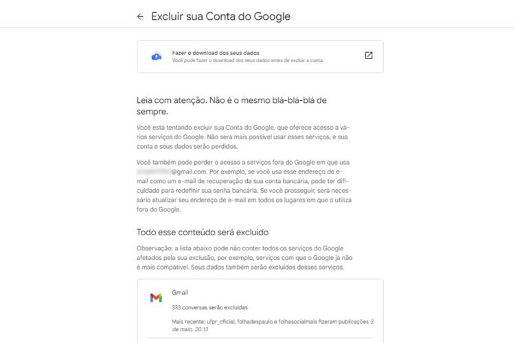 Faça o download dos dados antes de solicitar exclusão.