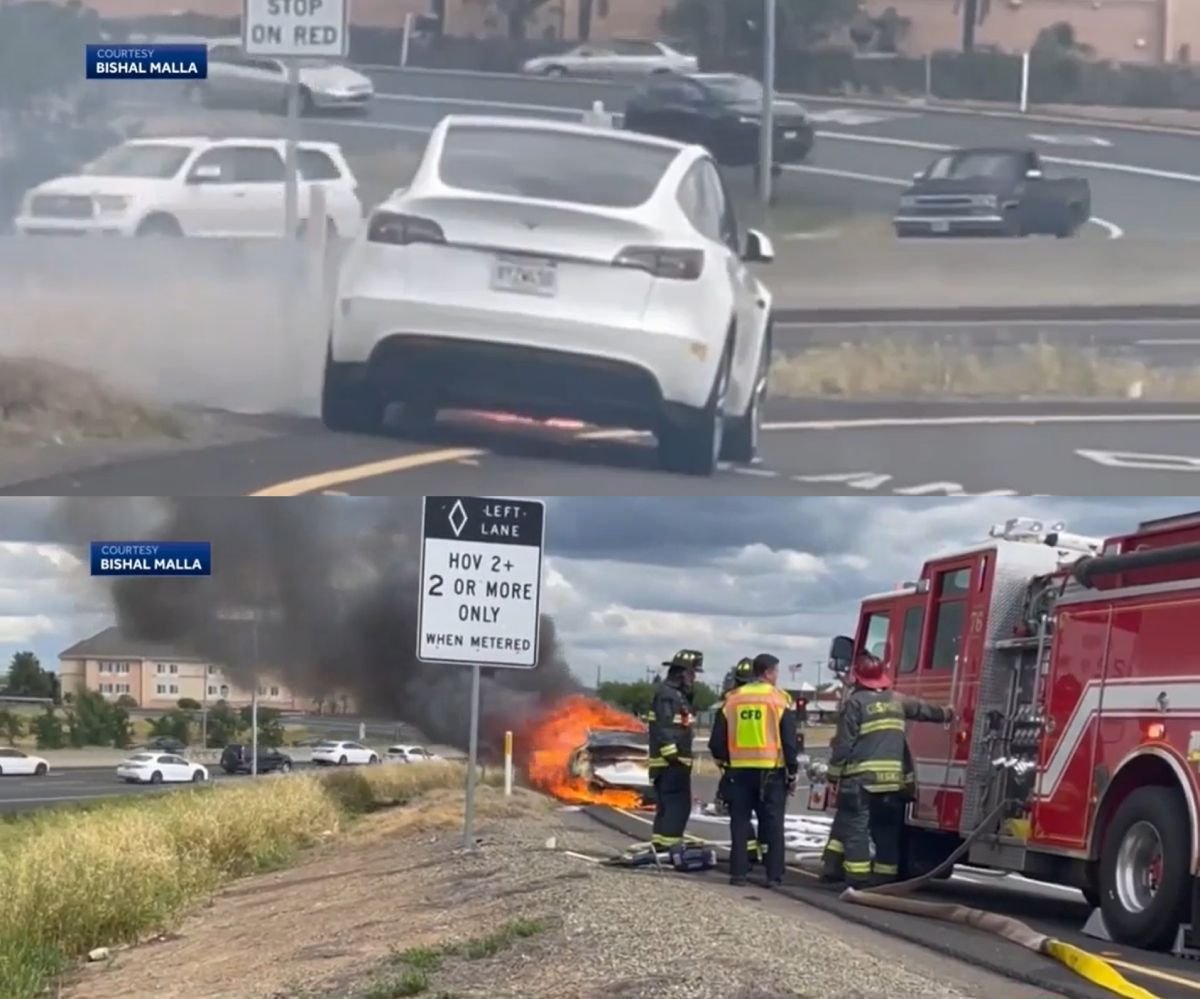 Tesla pega fogo e fica completamente destruído na Califórnia.