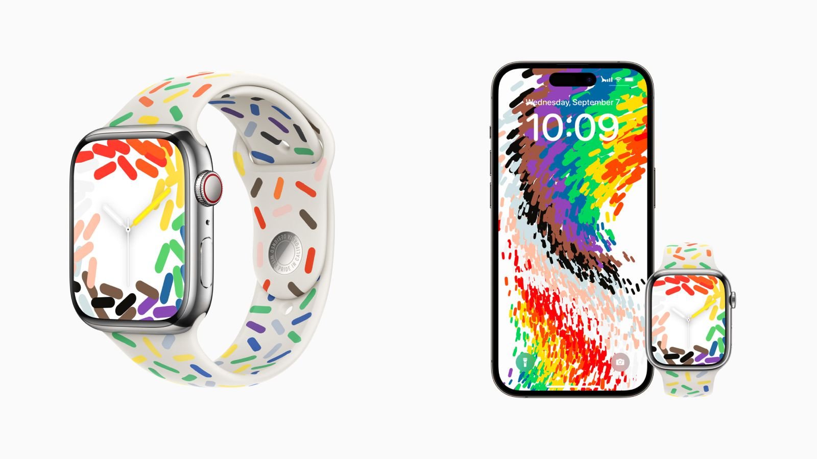 iPhone e Apple Watch terão papéis de parede que combinam com a pulseira Pride Edition.