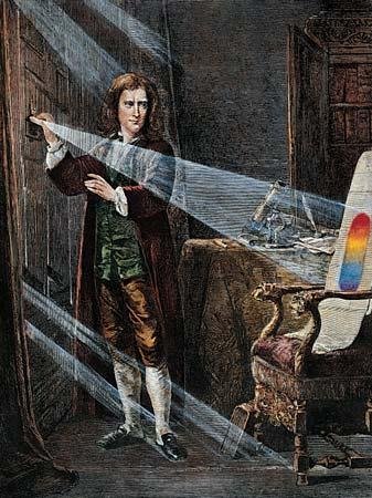 Pintura de Newton estudando o espectro solar com um prisma, de J. A. Houston.
