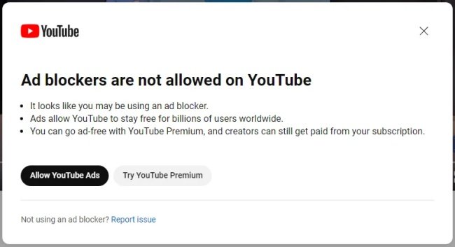 Alerta exibido pelo YouTube para alguns usuários que tinham bloqueador de anúncios ativado.