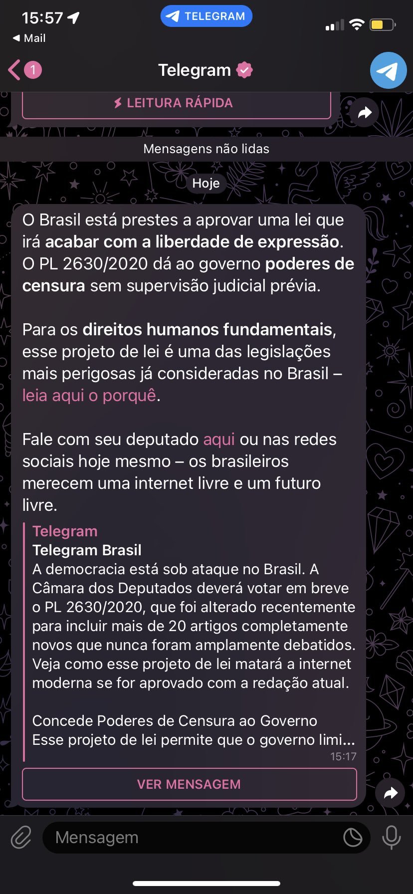 Na terça-feira (9), o Telegram disparou uma mensagem para os usuários brasileiros, contra o PL das Fake News.