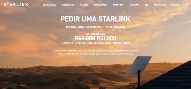 O desconto oferecido pela Starlink vai até o dia 9 de junho.