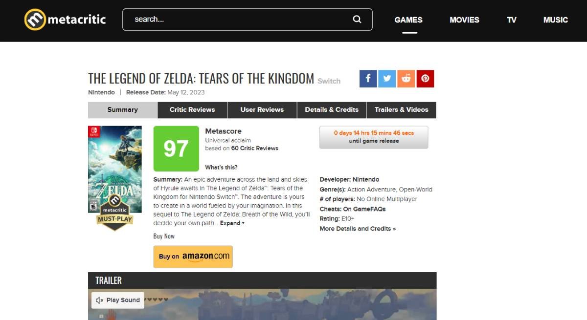 The Legend of Zelda: Tears of the Kingdom' Metacritic Rating and