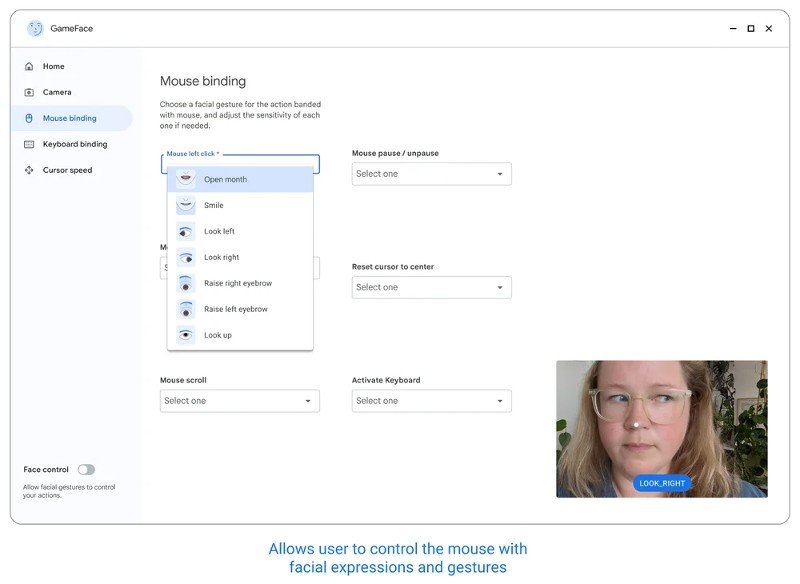 Através das configurações, os usuários podem definir quais os movimentos com a cabeça ou expressões faciais para cada ação do mouse.