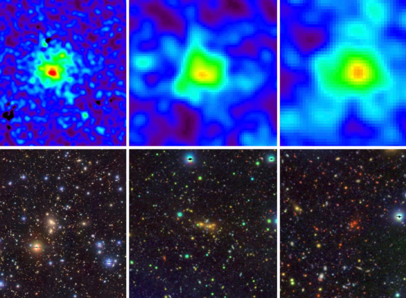 Imagens de raios-X e pseudo-cor ópticas de três aglomerados de galáxias de baixa massa estudados pelo instrumento eROSITA.