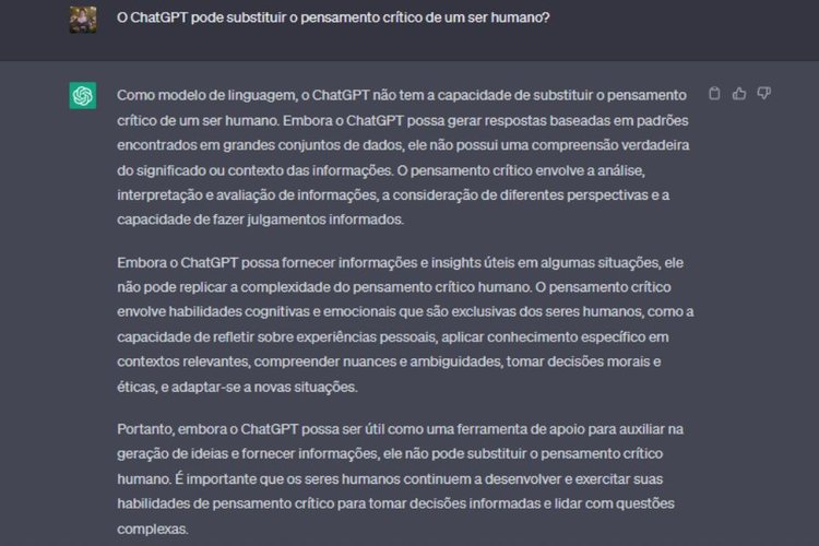 Resposta do ChatGPT quando questionado se pode substituir o pensamento crítico de um ser humano.