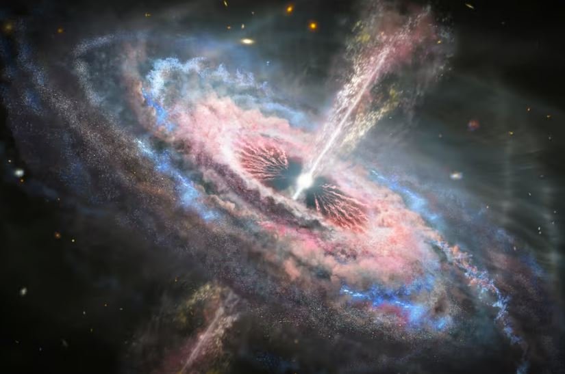 Ilustração de um quasar, a principal hipótese do motivo da explosão AT2021lwx.