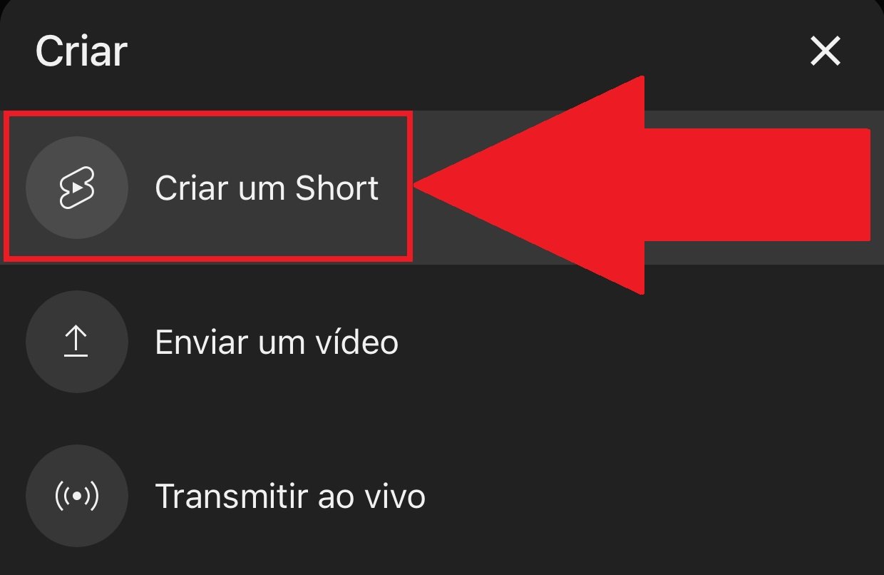 Na primeira opção você pode enviar um short para o YouTube