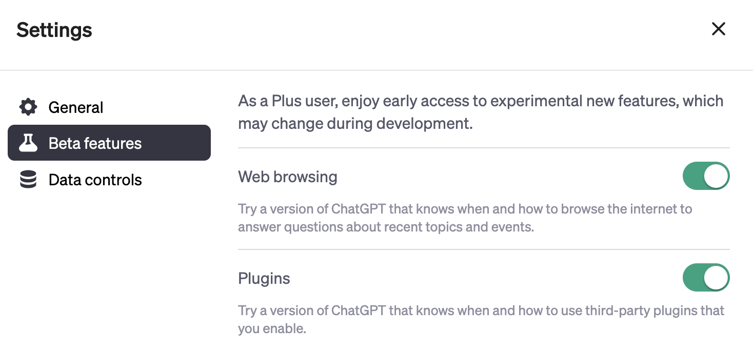 Para usar os novos recursos, é necessário ir até a área de 'Configurações' do ChatGPT Plus e ativar as novas opções em 'Recursos beta'.
