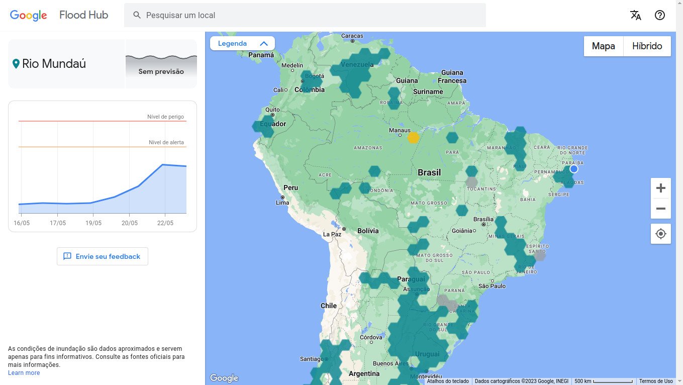 O Flood Hub mostra as áreas ribeirinhas brasileiras que podem sofrer com alagamentos em até uma semana.