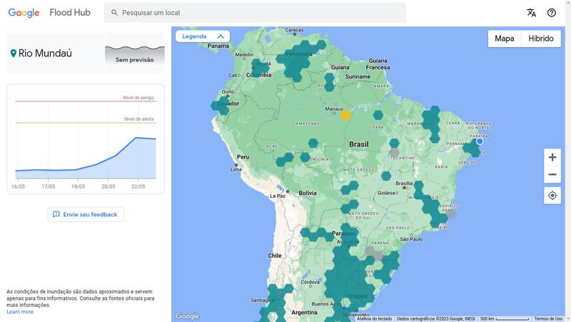 O Flood Hub mostra as áreas ribeirinhas brasileiras que podem sofrer com alagamentos em até uma semana.
