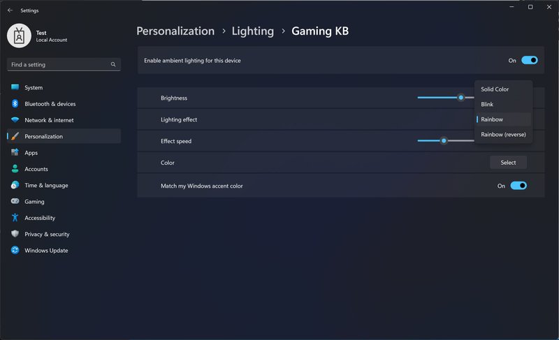 Dynamic Lighting traz várias opções de ajustes das luzes RGB de periféricos.