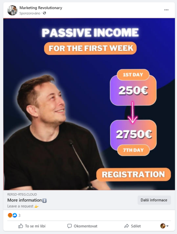 Exemplo de anúncio fraudulento explorando a imagem de Elon Musk para atrair as vítimas.