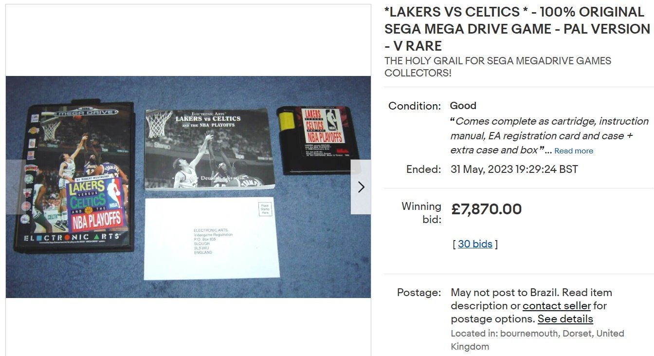 Versão PAL de Lakers vs Celtics do Mega Drive foi vendida por R$ 48 mil. (Fonte: eBay/Reprodução)