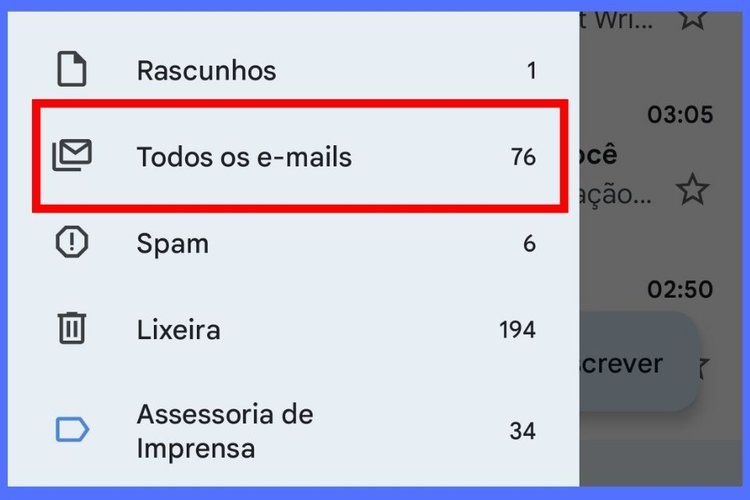 "Todos os e-mails" é uma das opções exibidas pelo menu lateral do app.