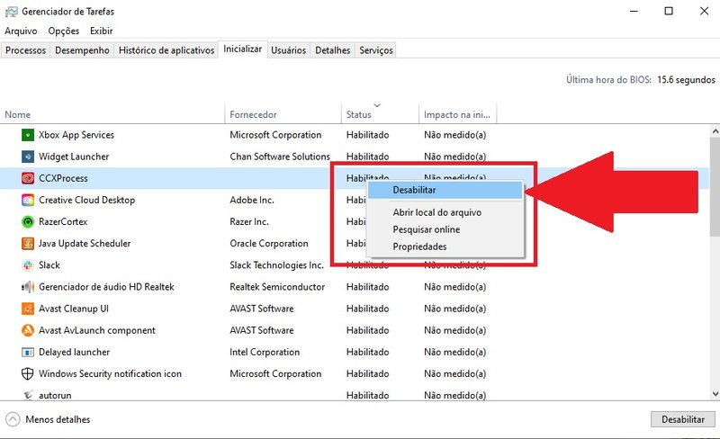 Clicando com o botão direito, você consegue acessar a opção para desabilitar a inicialização automática de um aplicativo