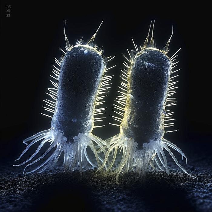 Ilustração de um artista de dois organismos eucarióticos primordiais da 'Protosterol Biota' no fundo do oceano. (Crédito: Eureka Alert)