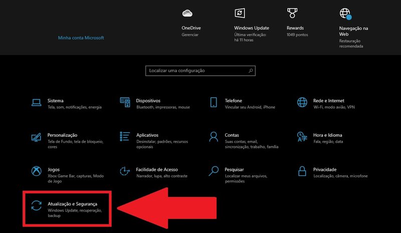 Clique na opção "Atualização e Segurança" para acessar as opções do Windows Defenser