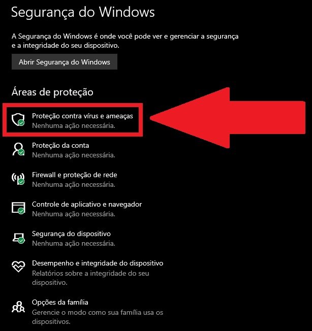 Clicando na opção "Proteção contra vírus e ameaças", você consegue desativar o Windows Defenser