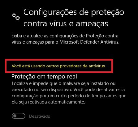 Perceba o aviso do próprio Windows caso você já tenha um antivírus sendo executado no sistema operacional